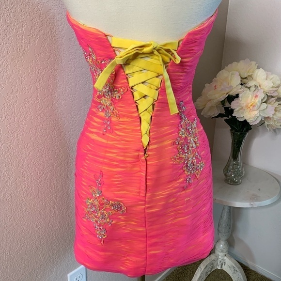 Mori Lee Corset Pink Mesh Beaded Dress - Picture 3 of 8